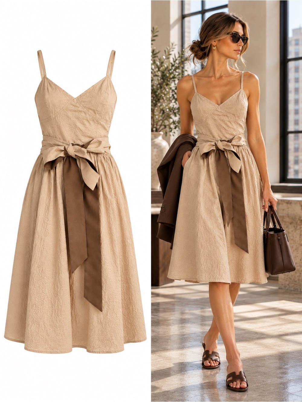 Theory Leona Rumple Cotton Cami Dress Paperbag Beige NWT Size 6